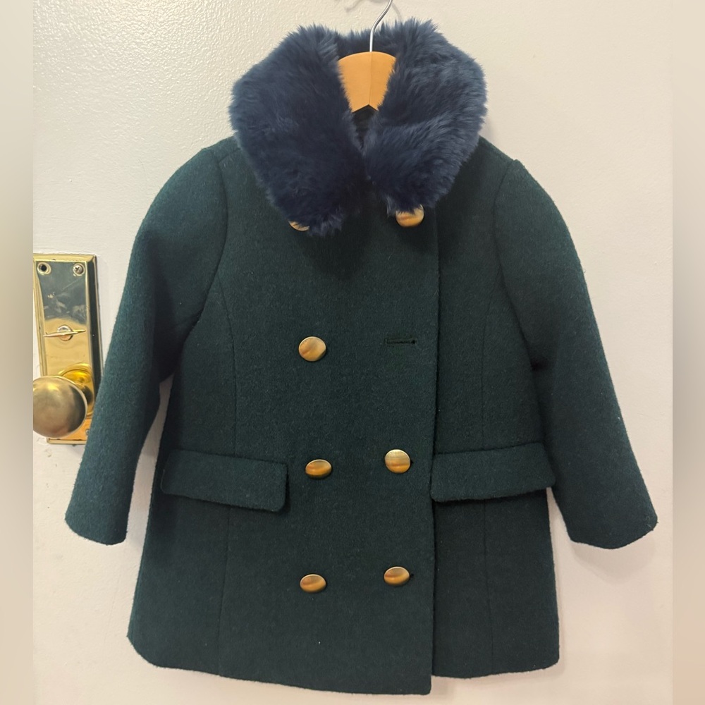 Crewcuts Kids Double-Breasted Green Coat with Faux Fur Collar